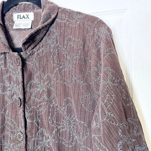 FLAX Size S Brown Corduroy Collared Lightweight Jacket Blue Embroidered‎ Floral - Picture 2 of 6